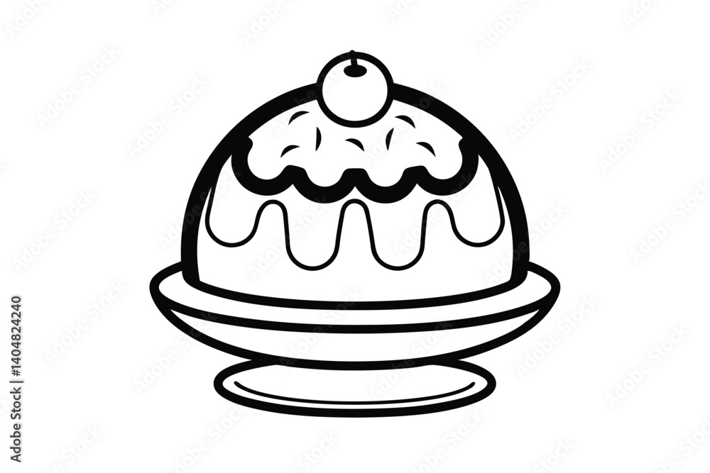 Black And White Pudding On Dish Outlined Vector Illustration Minimalist Food Icon Dessert Cherry Topping Sweet Treat Design Black And White Pudding On Dish Outlined Vector Illustration Minimalist Food Icon Dessert Cherry Topping Sweet Treat Design