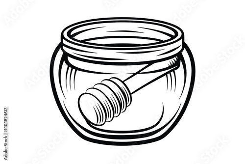 Honey Jar With Honey Dipper Black And White Vector Illustration For Packaging Design And Natural Sweetener Related Projects