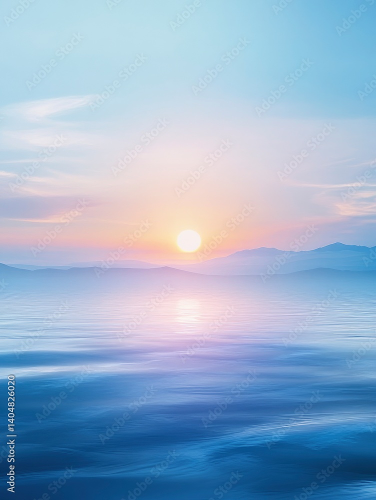 Serene Sunset: Misty Mountains and Calm Water in a Pastel Landscape Serene Sunset: Misty Mountains and Calm Water in a Pastel Landscape