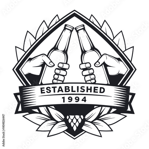 Monochromatic Cheers Two Hands Toasting Beer Bottles, Ornamental Frame, Isolated