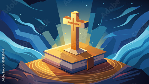 Bible placed at the base of a cross, glowing softly, symbolizing the foundation of Christian faith