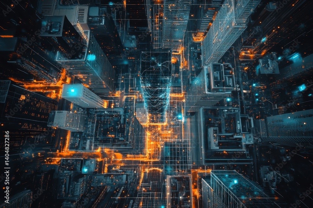 Aerial View of Futuristic City with Neon Lights and Digital Graphics Aerial View of Futuristic City with Neon Lights and Digital Graphics