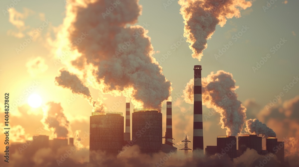 Fototapeta premium Industrial Pollution at Sunset: A Stark Reminder of Environmental Challenges