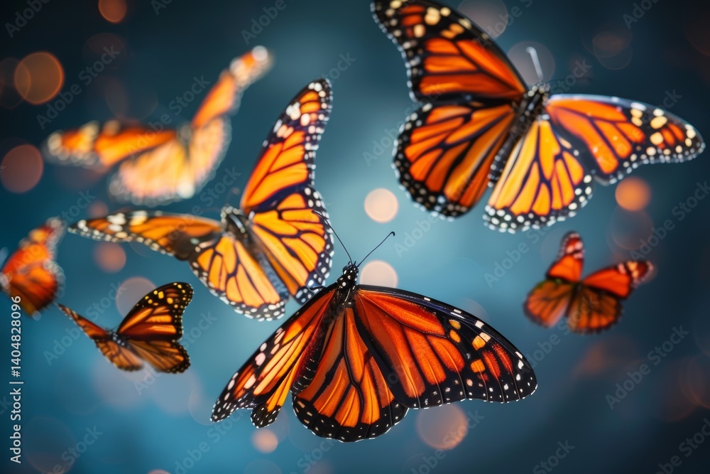 Fototapeta premium Bright abstract background with fireflies and butterflies