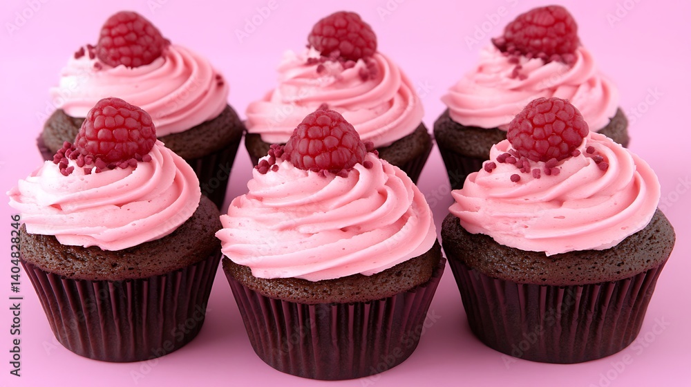Chocolate cupcakes topped with pink frosting and raspberries. Chocolate cupcakes topped with pink frosting and raspberries.
