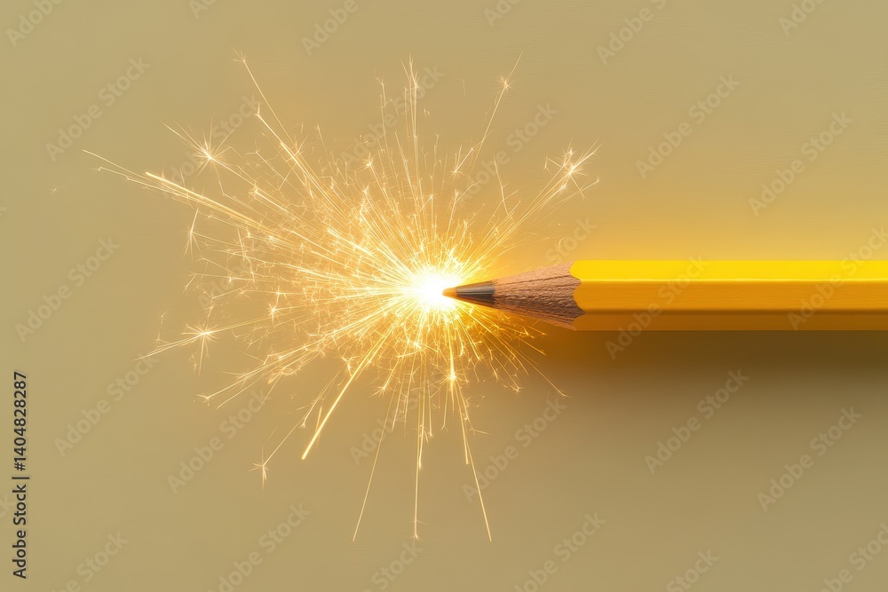 Obraz premium A yellow pencil with an explosion of sparks drawn on it, symbolizing creativity and inspiration. 