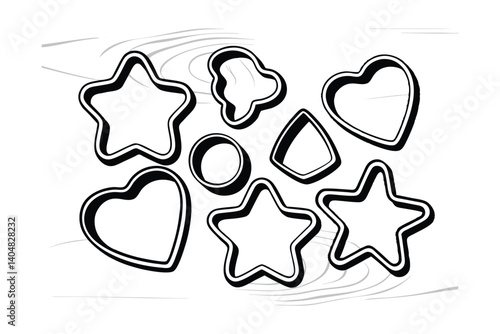 Black And White Cookie Cutter Shapes Vector Illustration Featuring Stars Hearts And Geometric Forms Perfect For Baking Designs