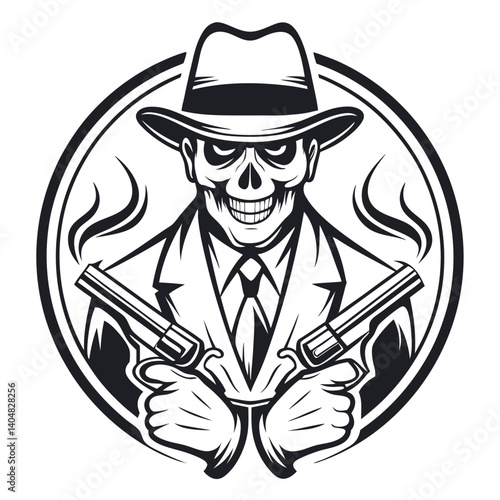 Skeleton Gangster with Hat & Guns in Circle Design on Transparent Background