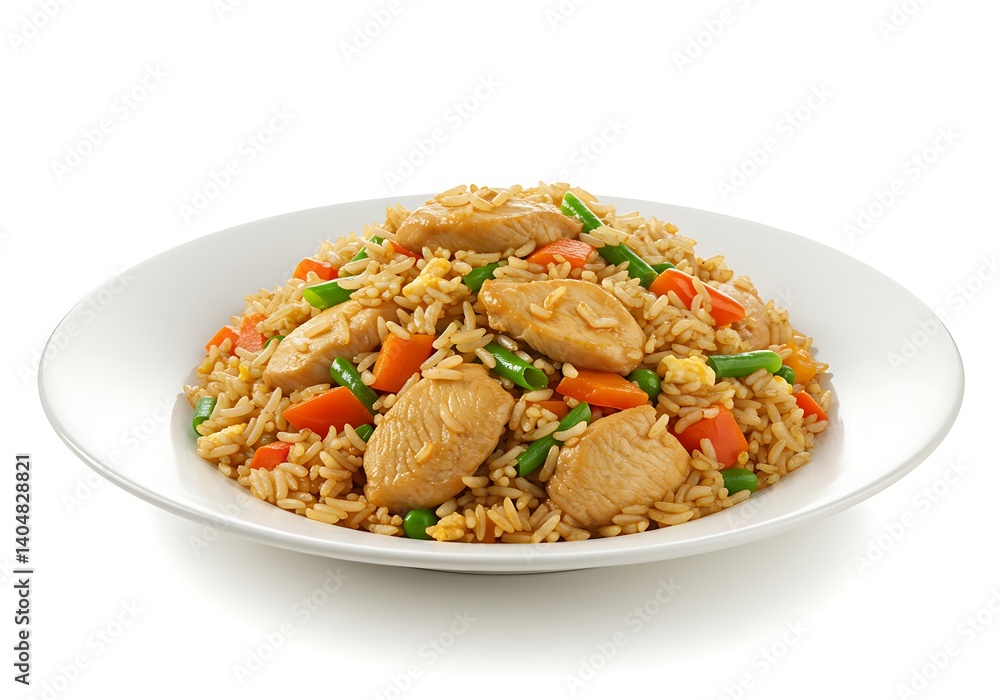 Chicken fried rice plate closeup on white background Chicken fried rice plate closeup on white background
