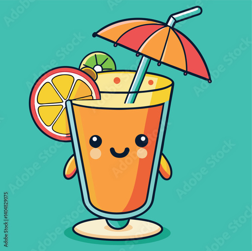 Cute Cartoon Summer Cocktail With Umbrella And Fruit Illustration