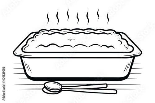 Hot Casserole Dish Outline With Steam And Spoons On A Striped Surface Vector Illustration For Cooking Concepts