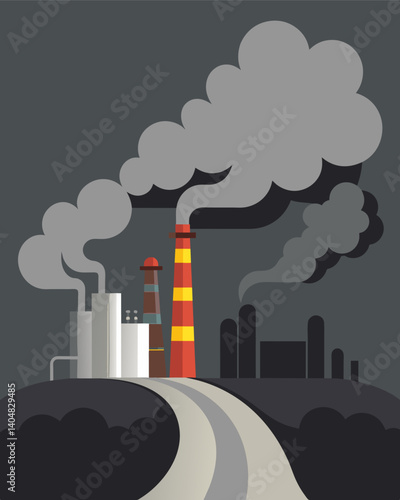 A trail of smog and pollutants spewing from the smokestacks of factories blending with the grey clouds above.. Vector illustration