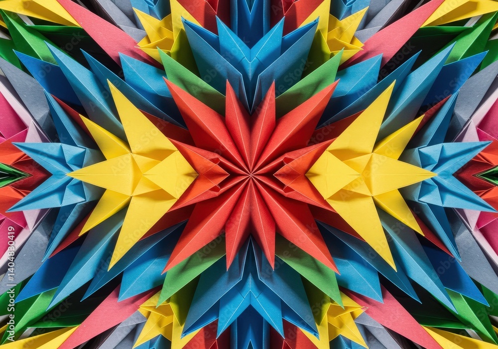 Fototapeta premium Colorful origami stars arranged in intricate patterns on a flat surface