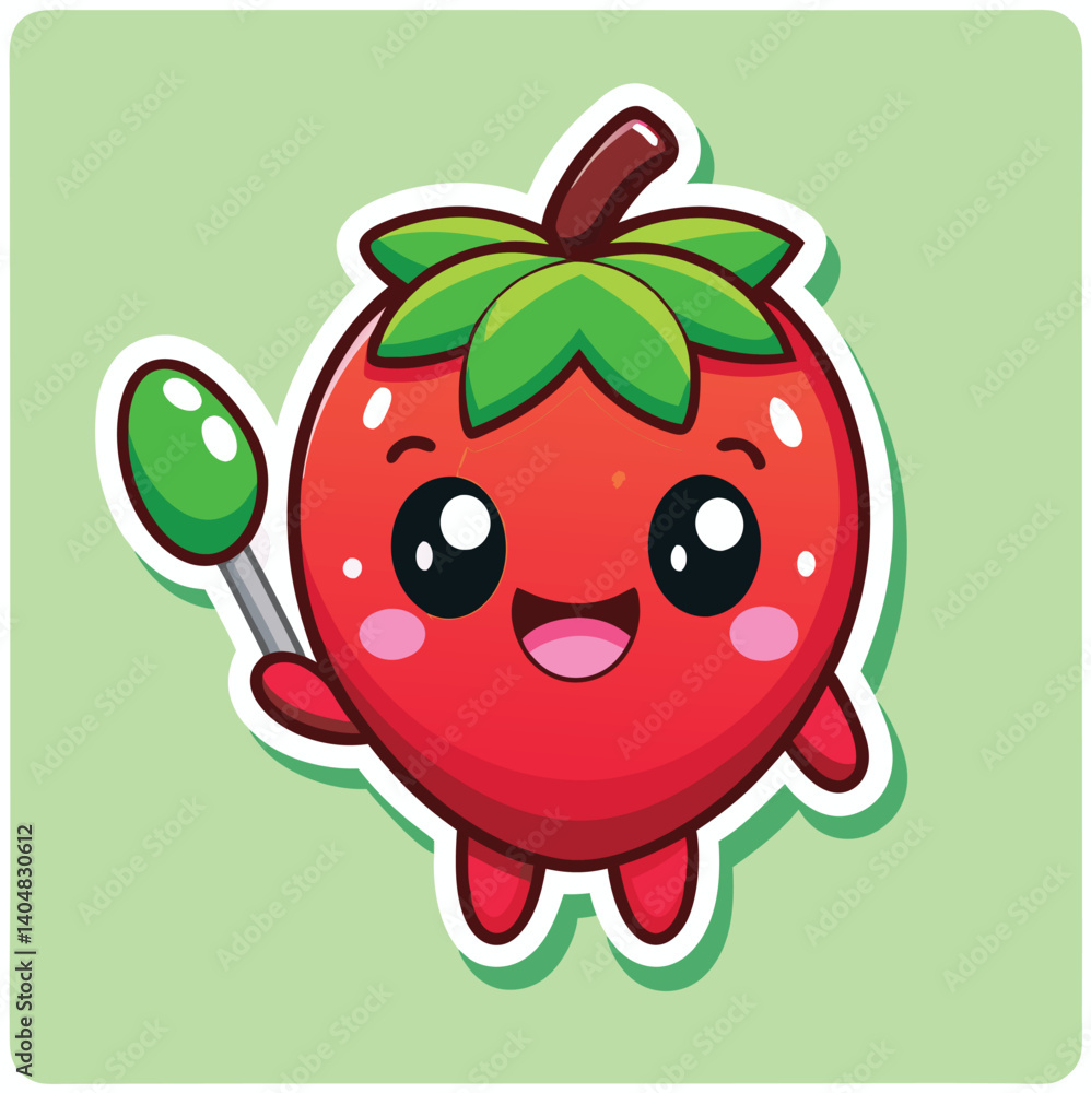 Obraz premium Cute Cartoon Strawberry Character With Lollipop Isolated On Green Background