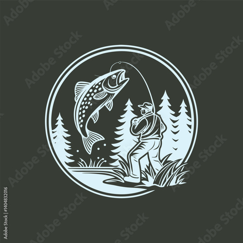 Vintage Fishing Logo – Fisherman Catching Trout in Forest River Scene