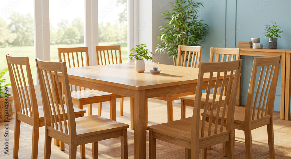 Fototapeta premium Warm Light, Oak Dining Set: Serene Interior Design AI Generated