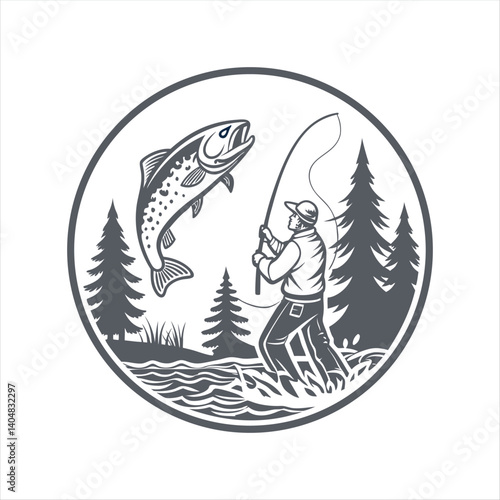 Vintage Fishing Logo – Fisherman Catching Trout in Forest River Scene