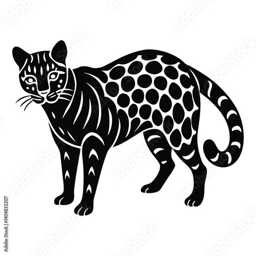 linocut silhouette of an ocelot stalking sharp.