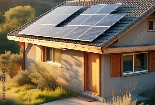 rural house with solar panels installed on the roof 