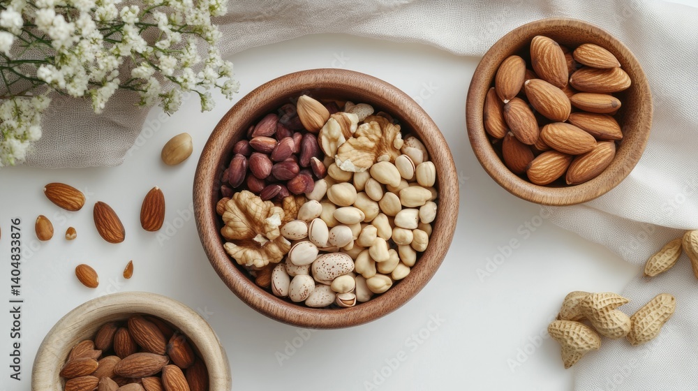 Assorted healthy nuts in rustic bowls on white background Assorted healthy nuts in rustic bowls on white background