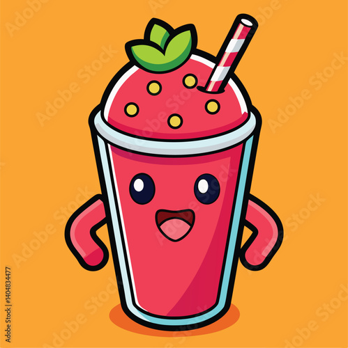 Cute Cartoon Strawberry Smoothie Character Design With Straw And Arms On Orange Background