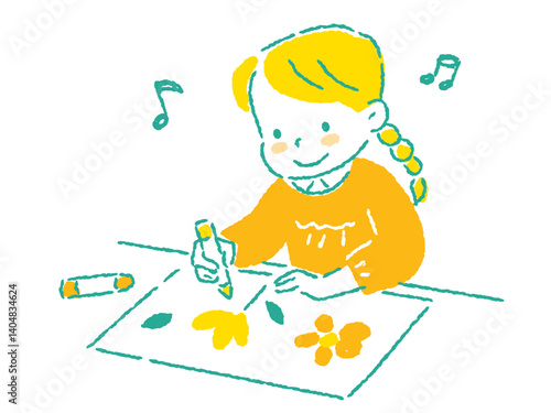 クレヨンで絵を書いている小さな女の子のイラスト　手描きタッチ