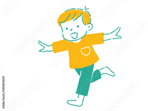 両手を上げて笑顔で走っている男の子のイラスト　手描きタッチ