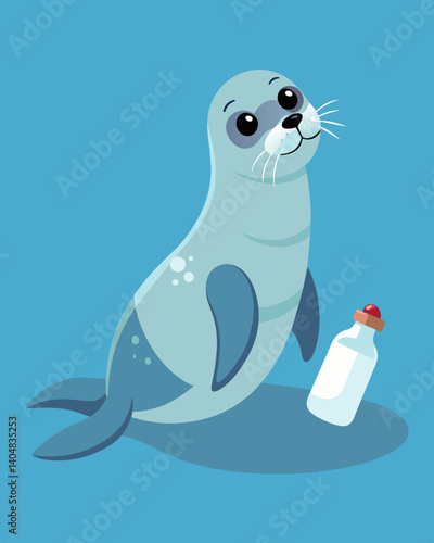 A seal pup playfully tries to interact with a discarded plastic bottle not realizing the danger it could bring if swallowed.. Vector illustration