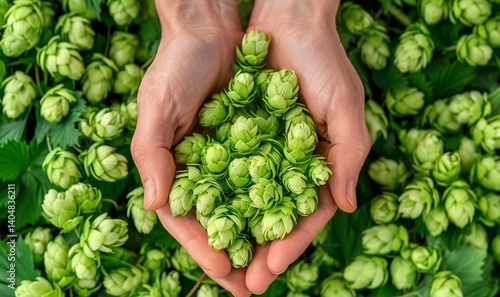 Obraz na płótnie Hands Holding Green Hop Cones w salonie