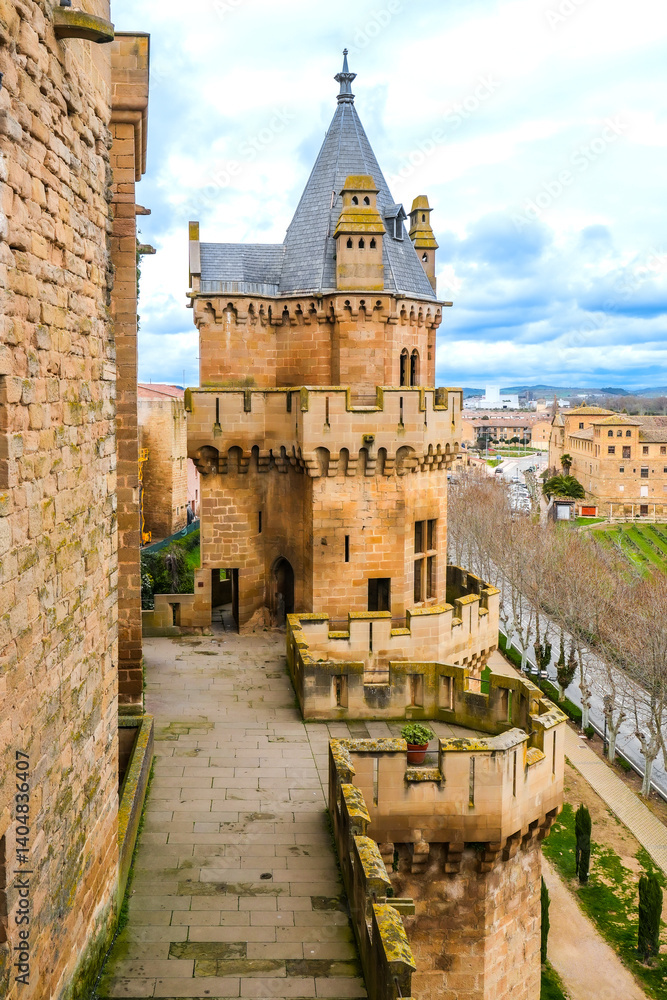 Royal palace of olite towering over medieval town in navarre, spain