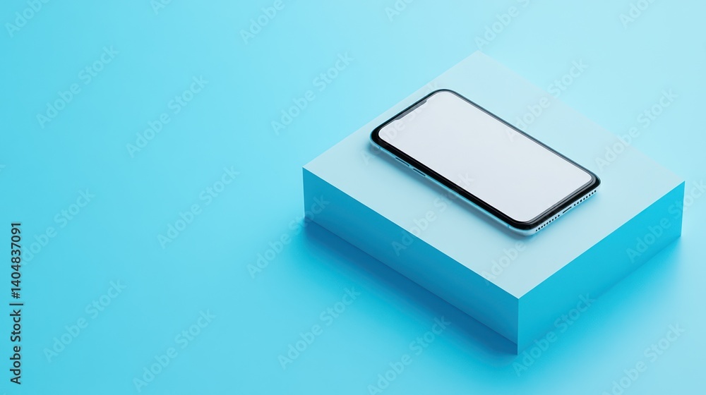 A modern smartphone resting on a light blue cube. A modern smartphone resting on a light blue cube.