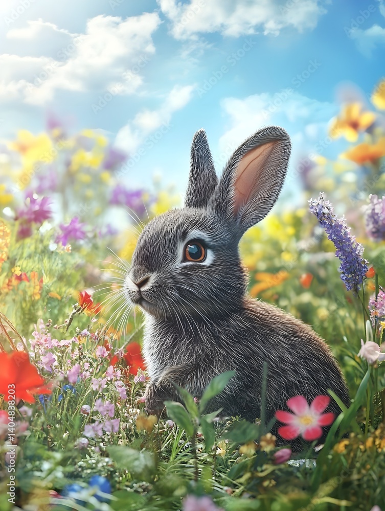 Bunny in Vibrant Spring Meadow with Wildflowers, Generative AI Bunny in Vibrant Spring Meadow with Wildflowers, Generative AI