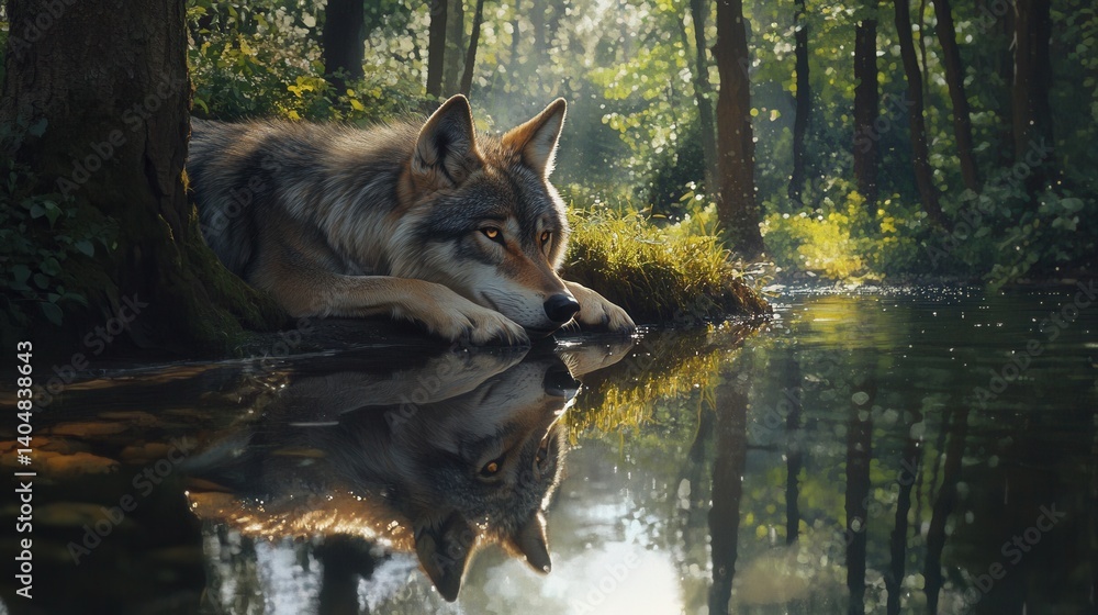 Wolf resting beside a tranquil forest stream, its reflection shimmering in the water, sunlight filtering through trees.