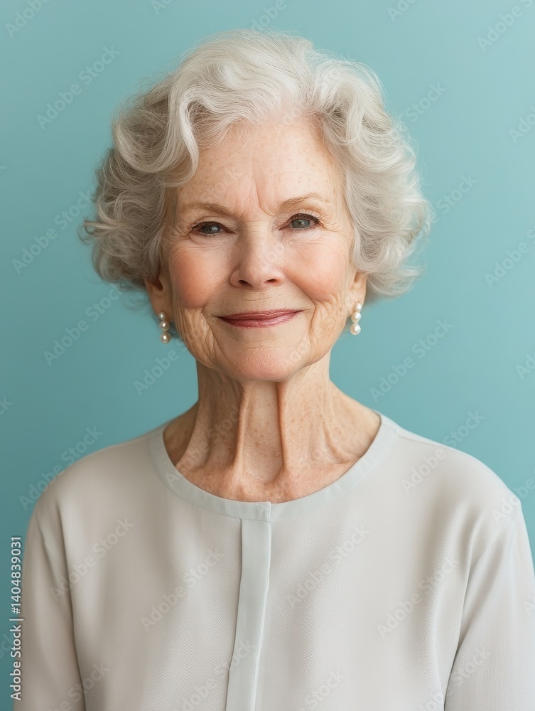 Fototapeta premium Elegant Elderly Woman Portrait on Turquoise Background - Serene Facial Expression, Pearl Earrings, and Graceful Aging