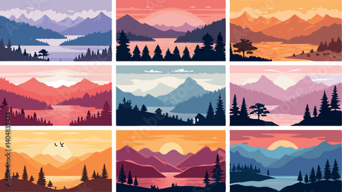 Set of Wild Mountain Landscape Poster Template - Vector Banner, Flyer & Card Design