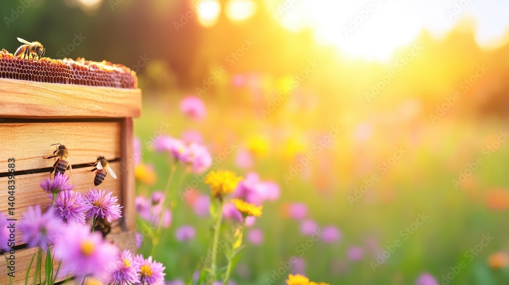 Bees gathering pollen near a wooden hive surrounded by colorful wildflower at sunset