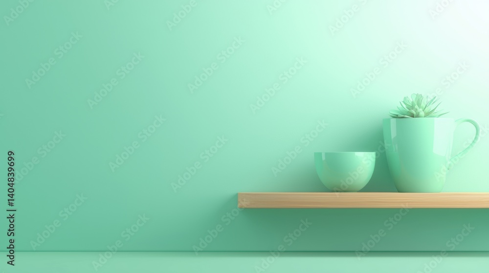 A minimalist shelf with a green plant and two matching cups. A minimalist shelf with a green plant and two matching cups.