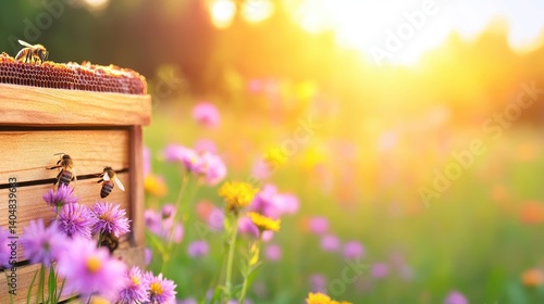 Obraz na płótnie Bees gathering pollen near a wooden hive surrounded by colorful wildflower at sunset w salonie