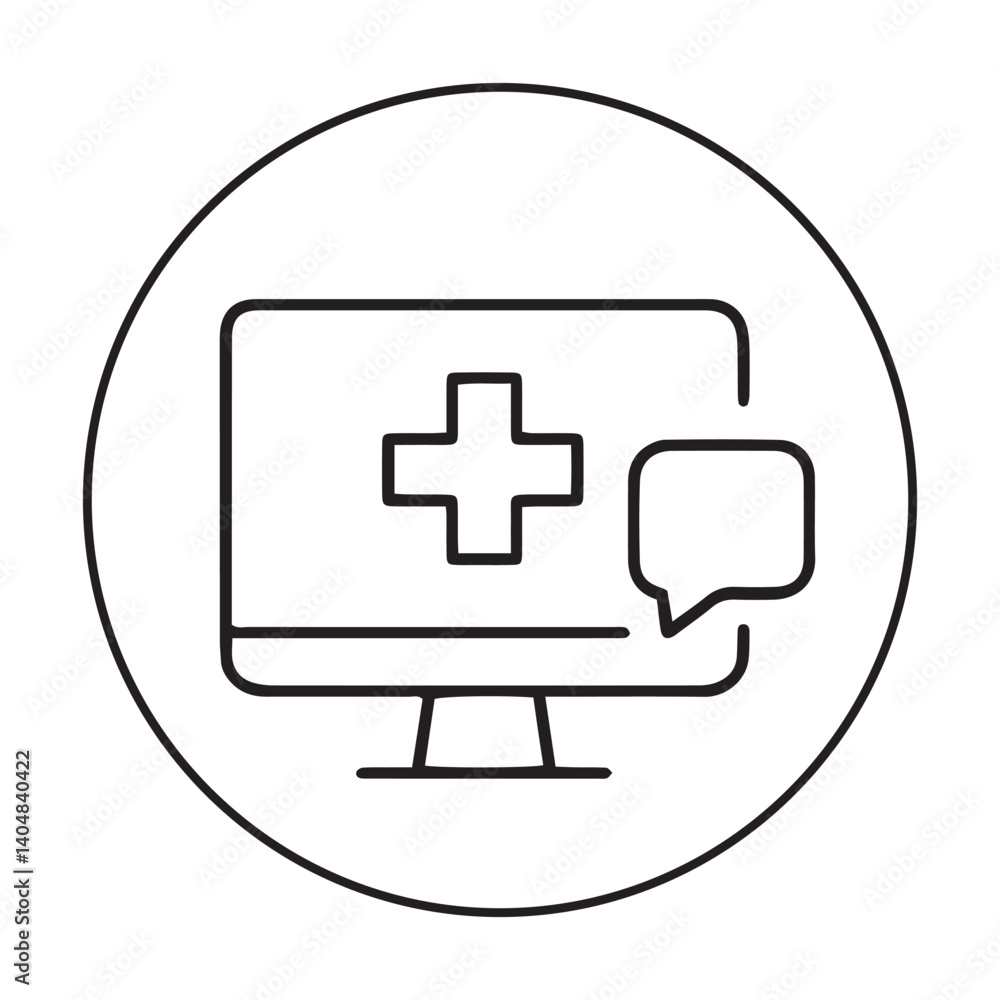 Outline icon of a computer screen with a medical cross and chat bubble, representing telehealth, digital consultation, and online doctor-patient communication Outline icon of a computer screen with a medical cross and chat bubble, representing telehealth, digital consultation, and online doctor-patient communication