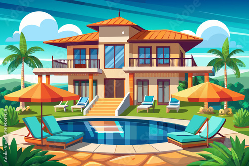 Fantastic private villa, terrace view with sunbeds under umbrellas, stunning summer style hotel with luxurious swimming pool. Beautiful spa or wellness, recreational tourism.