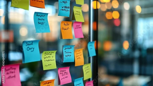 a colorful array of sticky notes on a board, used for brainstorming and organizing ideas, colorful sticky notes arranged on a board, colorful sticky notes on a whiteboard, organization, planning