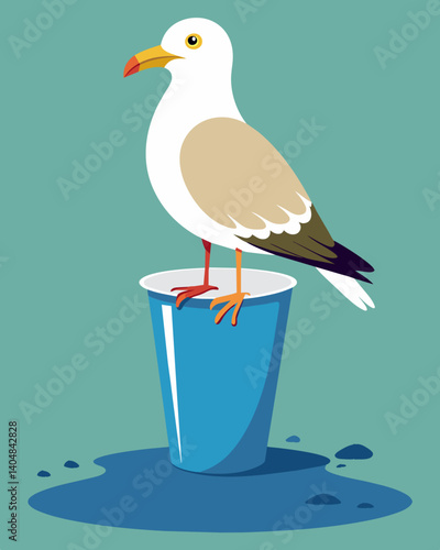A seagull perches on a discarded plastic cup its feathers coated in a slimy layer of oil and chemicals.. Vector illustration