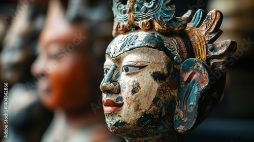 Close-up of traditional carved wooden face sculpture