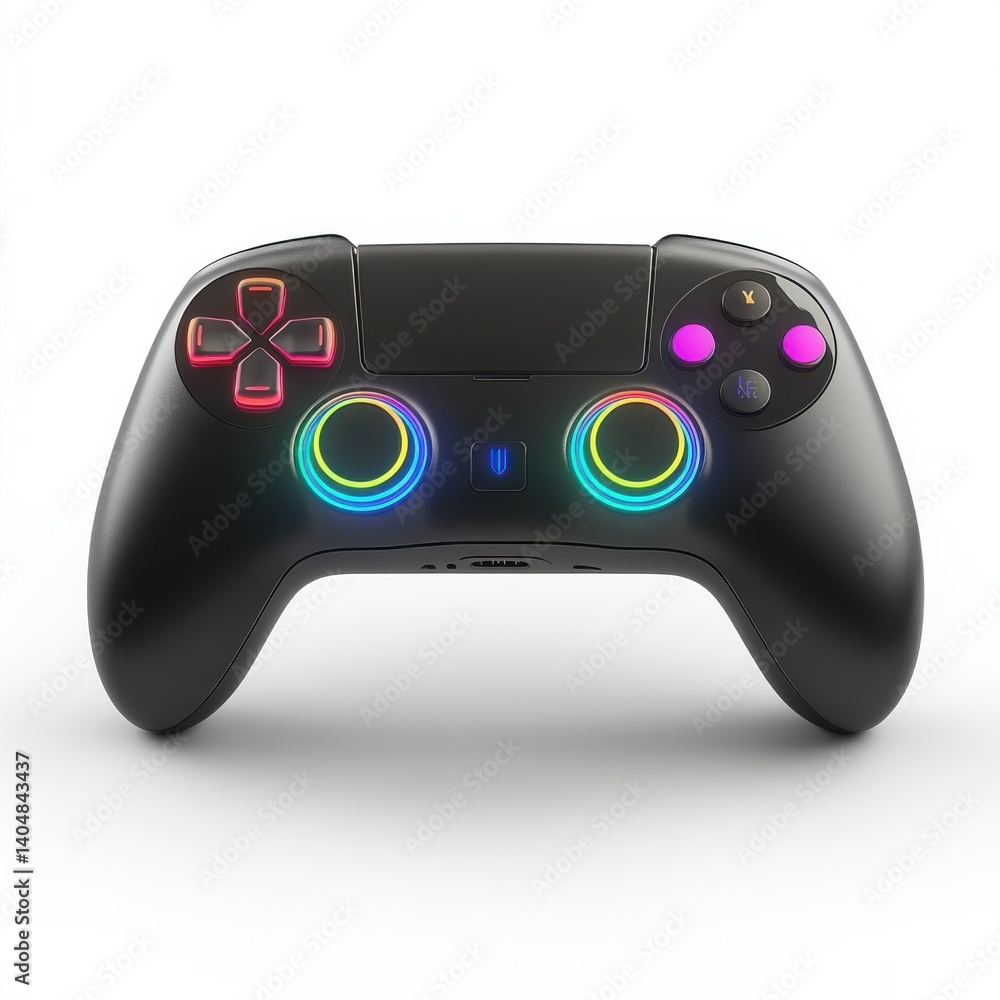 Sleek Black Gaming Controller with Vibrant LED Accents on White Background
