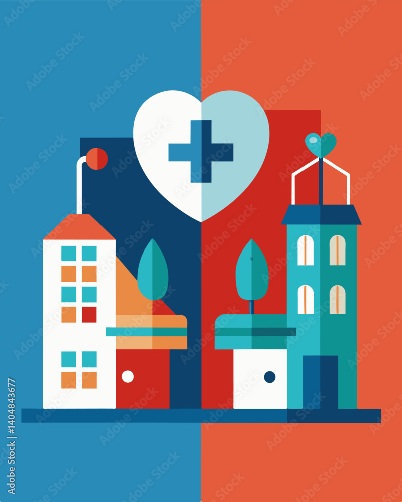 While one community enjoys access to highquality healthcare and modern hospitals the other is limited to underfunded clinics and overburdened emergency rooms.. Vector illustration While one community enjoys access to highquality healthcare and modern hospitals the other is limited to underfunded clinics and overburdened emergency rooms.. Vector illustration
