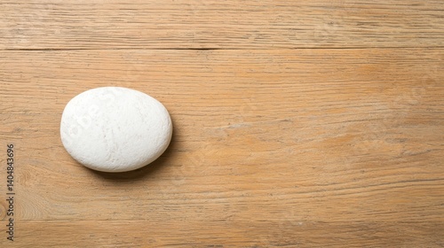 A white stone sits on a wooden surface.