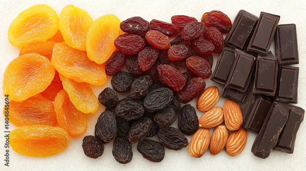 Obraz premium Healthy snack tray with dried fruit, dark chocolate, and almonds
