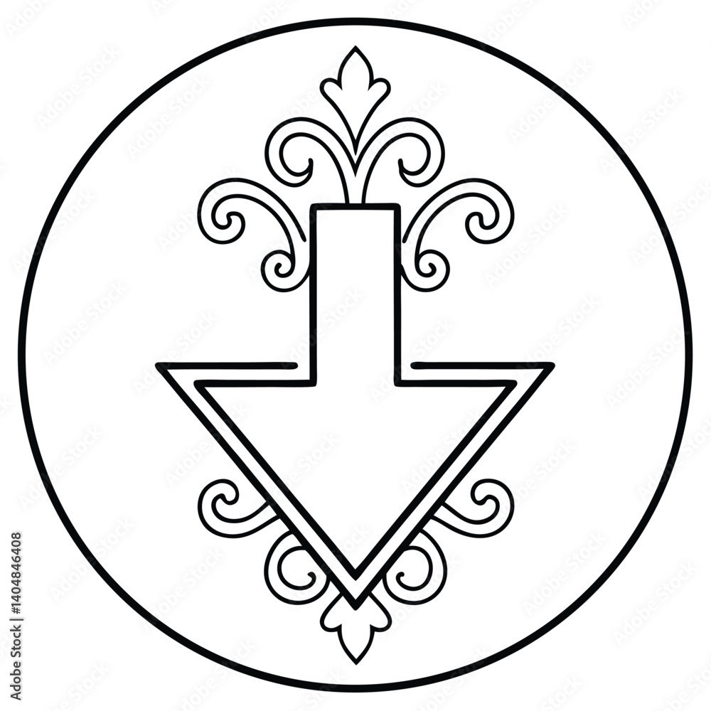 Vector illustration of minimalist damask download icon, elegant pattern, vintage design, decorative symbol, ornate style