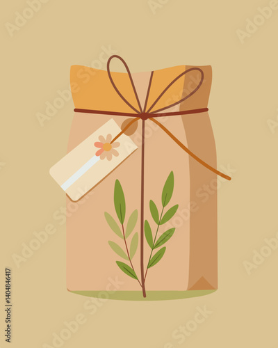 A paper package of locally sourced granola tied with a twine bow and featuring a paper label with wildflower seeds embedded inside.. Vector illustration