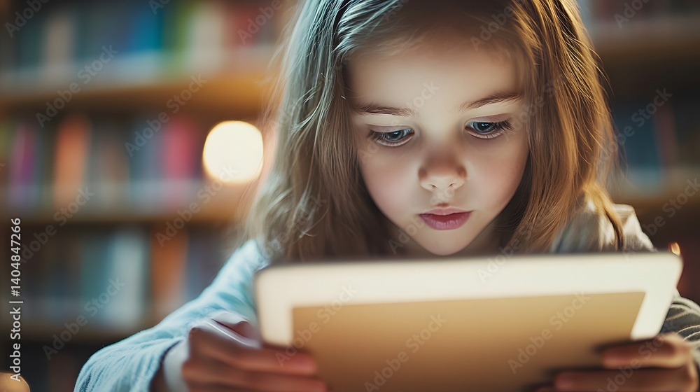 Focused Girl Using Tablet in a Library Setting Focused Girl Using Tablet in a Library Setting